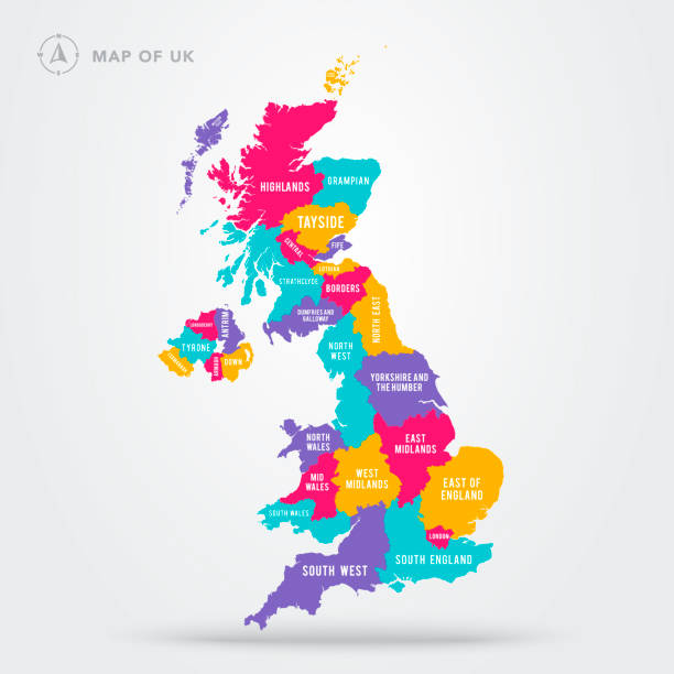 벡터 일러스트레이션 영국 영국의 컬러풀한 지도와 지역 및 이름 - manchester city stock illustrations