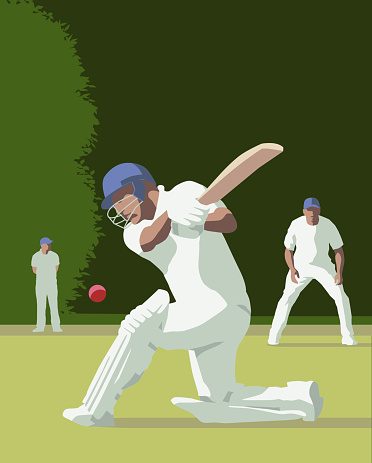 Cricket Players in a clean flat line style.Batsman, Cricket Bat, Hitting, Cricket Ball, Cricket Bowler, Village Green,
