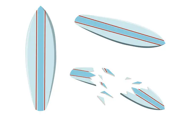 Vector illustration of Vector illustration of a colored surfboard. Surfboard crashed. Marine extreme sport. Isolated illustration on a white background