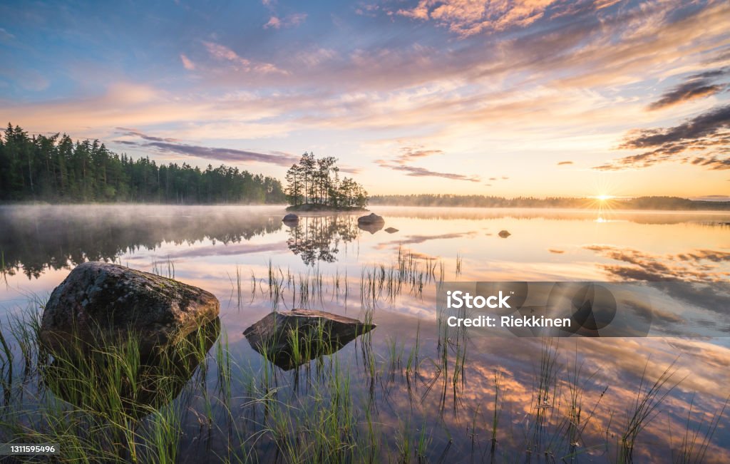 Scenic nature landscape with mood fog and beautiful sunrise at early summer morning in lakeside Finland Lake Stock Photo