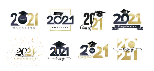 ilustrações de stock, clip art, desenhos animados e ícones de class of 2021 badges big set. congrats graduates design concept. gold and black graduation logo set. template for web, site, cards, print, invitations, seal or stamp. vector grad labels collection. - wisdom university single word student