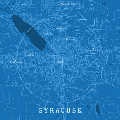 Syracuse NY City Vector Road Map Blue Text. All source data is in the public domain. U.S. Census Bureau Census Tiger. Used Layers: areawater, linearwater, roads.