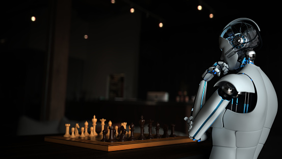 Humanoid robot playing chess. 3d illustration.