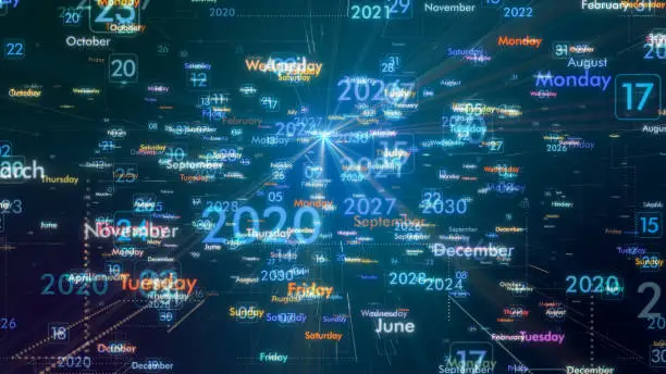 futuristic calendar with years, months and weekdays, the time passing, or concept of time travel (3d render)