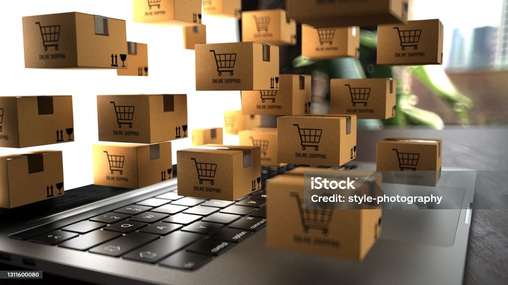 Online Alışveriş yazıtlı bir not defterinde küçük kargo paketleri - Royalty-free İnternet Stok görsel