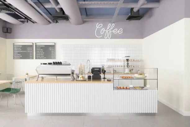 Photo of Empty Coffee Shop Interior With Coffee Maker, Pastries, Desserts And Menu On The Wall