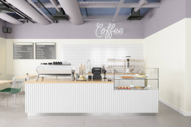empty coffee shop interior with coffee maker, pastries, desserts and menu on the wall - cafeteria imagens e fotografias de stock