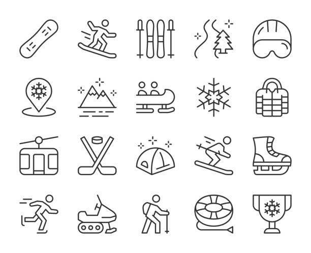 illustrazioni stock, clip art, cartoni animati e icone di tendenza di sport e attività invernali - icone della linea leggera - sci