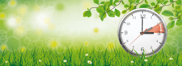 ilustraciones, imágenes clip art, dibujos animados e iconos de stock de reloj a la derecha cambiar cabezal de resorte de hora estándar - daylight savings