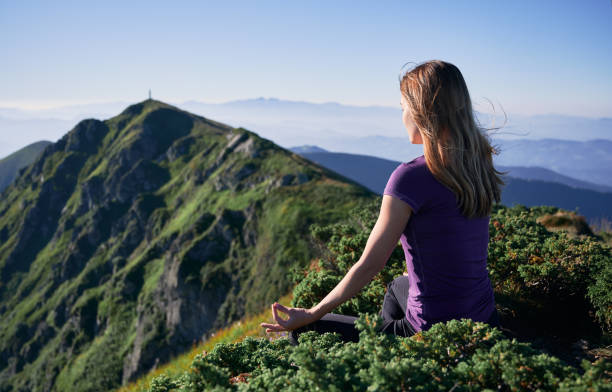 istock Young woman meditating on nature. 1311601841