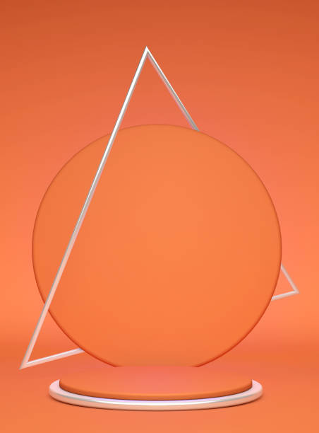 istock 3D beautiful orange round podium with silver triangle frame isolated on bright background. 1311603188