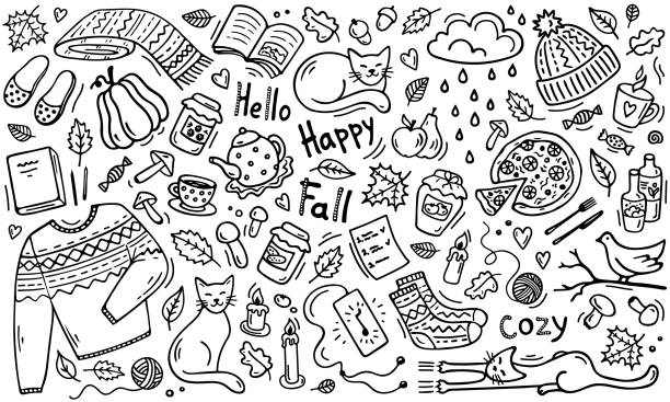 Hand-draw Autumn Background in doodle style. Fall Season vector elements: knitted clothes, cats, mushrooms, leaves, books, cups, jars, fruits, pumpkin, pizza, candy, music. Black isolated on a white. Hand-draw Autumn Background in doodle style. Fall Season vector elements: knitted clothes, cats, mushrooms, leaves, books, cups, jars, fruits, pumpkin, pizza, candy, music. Black isolated on a white. knitted pumpkin stock illustrations