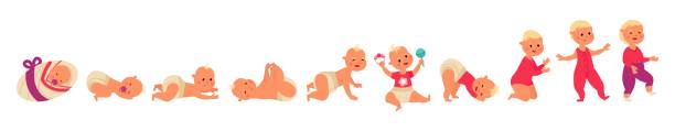 процесс роста малыша. развитие ребенка, младенец один год жизни. малыш от новорожденного до первого шага. мультфильм ребенка достойной конц - steps baby standing walking stock illustrations