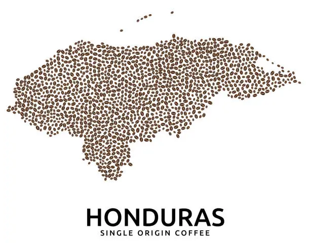 Vector illustration of Shape of Honduras map made of scattered coffee beans, country name below