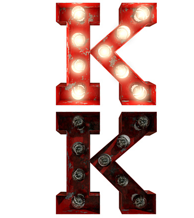 Red Rusty old light bulb letters typeface in two different states, lights on and lights off
