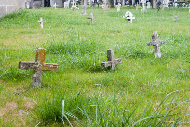 istock Graves with ancient stones crosses in a cemetery 1311611808