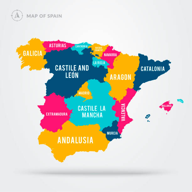 вектор illustrartion подробная карта испании. красочные регионы с названиями. - barcelona sevilla stock illustrations