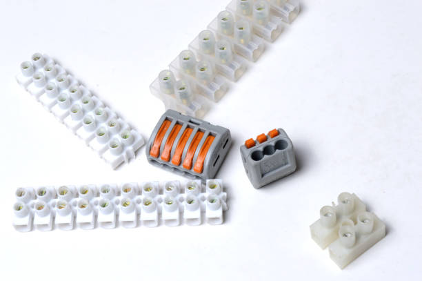 electrical terminal blocks lies on a light background. close-up.