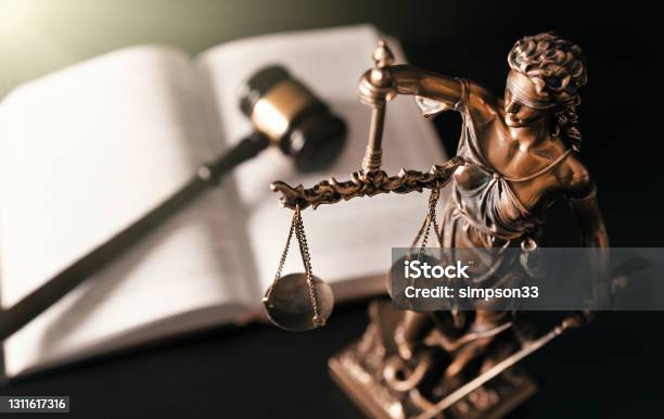 Lady Justice Statue Of Justice In Library Stock Photo - Download Image Now - Lady Justice, Gavel, Justice - Concept