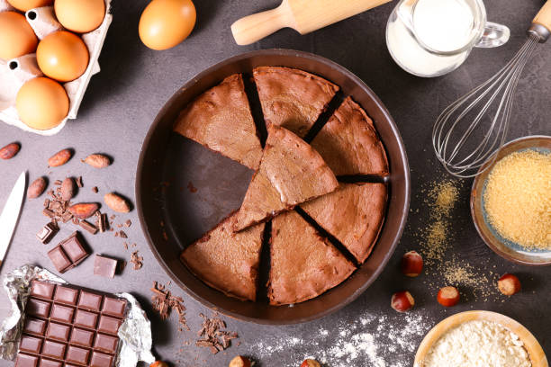 delicious chocolate cake and ingredients