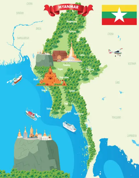 Vector illustration of Myanmar Map and Mount Popa