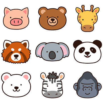 Set Of Outlined Cute And Simple Animal Faces A Stock Illustration -  Download Image Now - Bear, Arctic, Koala - iStock