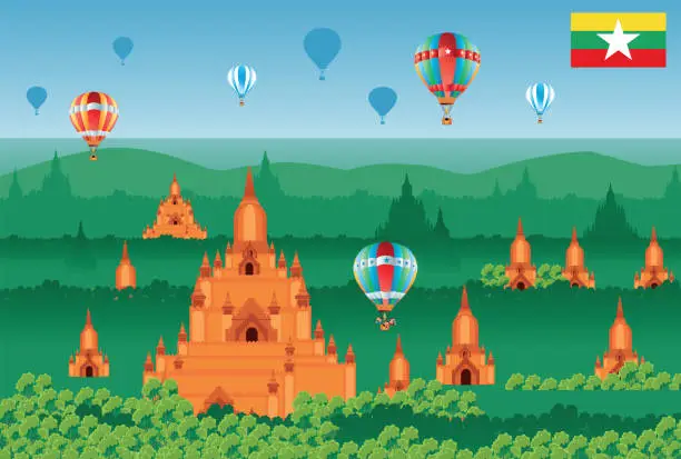 Vector illustration of Bagan Temples and Hot air Balloons