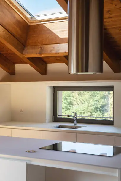 Detail of steel hood, induction stove and small window overlooking nature. No one inside