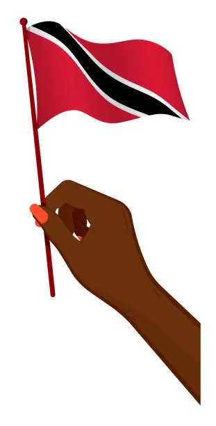 Vector illustration of Female hand gently holds small flag of Trinidad and Tobago. Holiday design element. Cartoon vector on white background