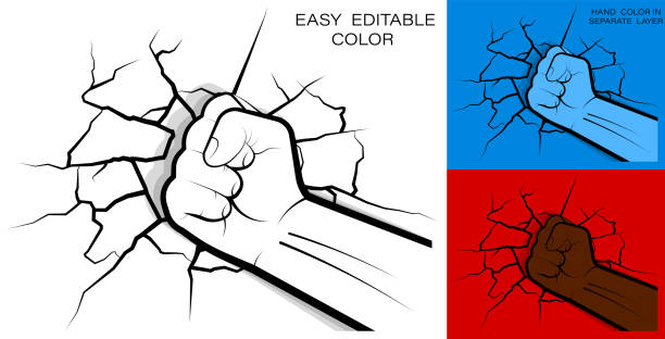 istock athlete powerful hand clenched into fist hit and shattered the wall. Cracks and fractures on wall from strong hand blow. Vector 1311624637