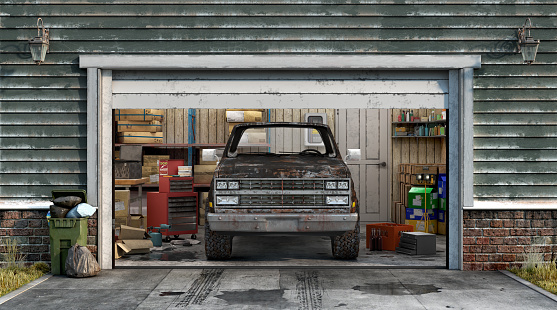 3d render of dirty garage interior with open door and car in front 3d illustration