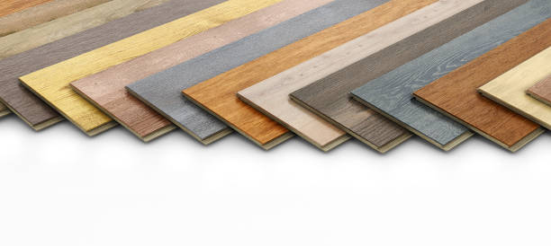 Different variations of laminate wooden planks on white background, 3d illustration