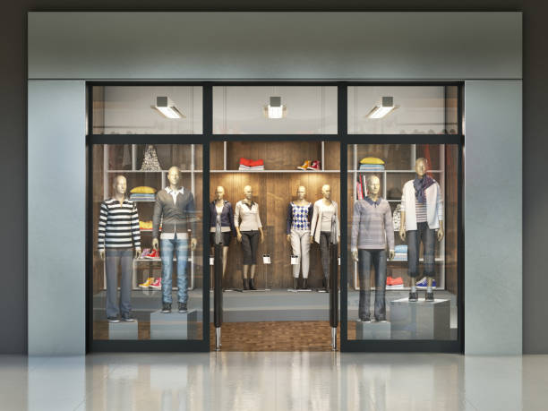 facciata moderna del negozio di abbigliamento con cartello vuoto. illustrazione 3d - front store foto e immagini stock
