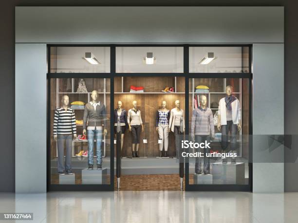 Modern Facade Of Clothes Store With Empty Signboard 3d Illustration Stock Photo - Download Image Now