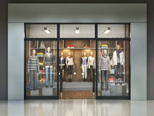 Modern facade of clothes store with empty signboard. 3d illustration