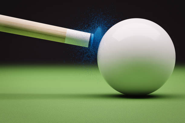 Cue stick hitting cue ball Cue stick hitting cue ball in a break on a pool or snooker table, 3D Illustration sports chalk stock pictures, royalty-free photos & images