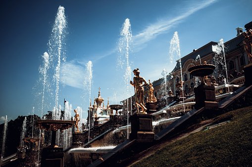 24th of December, 2019 - Majestic fountain statues at Peterhof palace in St. Petersburg, Russia.