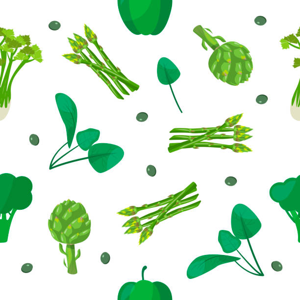 illustrazioni stock, clip art, cartoni animati e icone di tendenza di verdure verdi. carciofo, spinaci, pepe, sedano, broccoli. modello senza soluzione di continuità. ora legale - fennel ingredient vegetable isolated on white