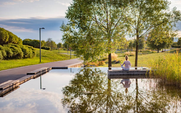 Rear view of woman meditating near the lake in the park