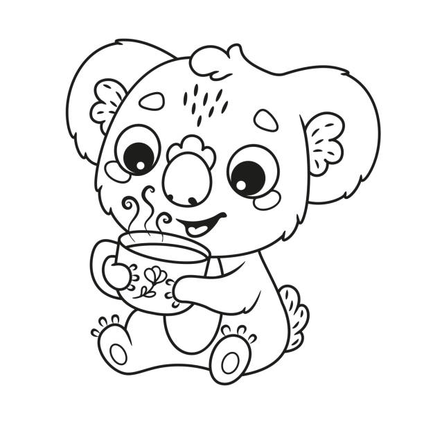 urocza koala pijąca gorący napój kolorowanka strona - coloring book coloring book australia stock illustrations