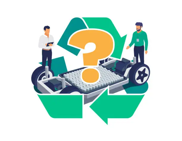 Vector illustration of Automobile Engineers Working on Electric Car Battery Module Platform Chassis with Recycle Symbol