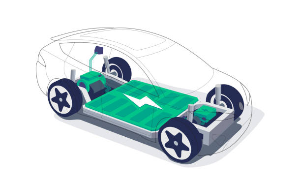ilustrações, clipart, desenhos animados e ícones de chassis de carros elétricos com células de bateria de alta energia embalam plataforma modular. - electric car