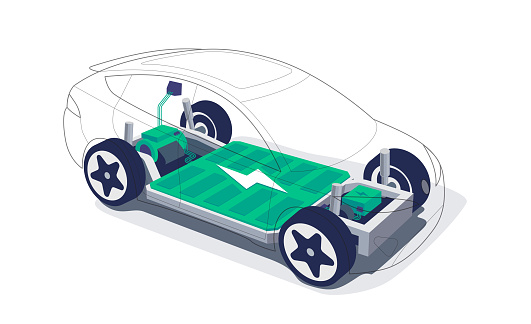 Electric car chassis with high energy battery cells pack modular platform. Skateboard module board. Vehicle components motor powertrain, controller with bodywork wheels. Isolated vector illustration.