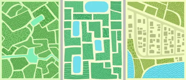 Vector illustration of Vector illustration. Cartoon hand drawn style. Fields, lakes, buildings. Aerial view. Nature scene. Flat doodle concept. Design element for poster, book cover, magazine, flyer, postcard. Background