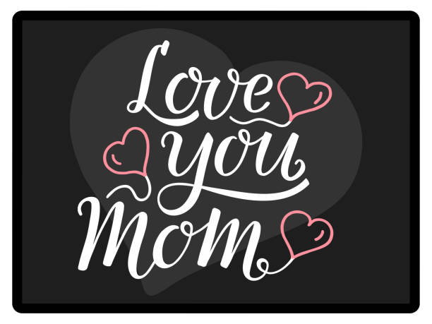 Love you Mom handwritten white text with pink balloons hearts on black background like as tablet or blackboard. Lettering, modern ink brush calligraphy. For Mother's Day greeting card, printout, poster, gift. i love you mom stock illustrations