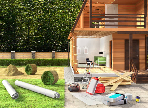 istock construction of modern house and blue prints 3d illustration 1311631792