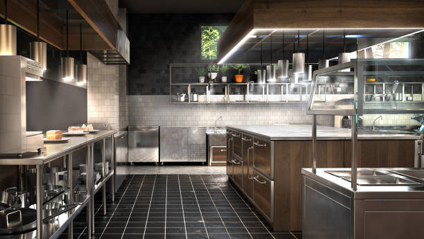 Restaurant kitchen interior with equipment. 3d illustration