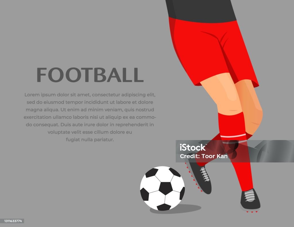 Banner of Soccer concept, Kicking Ball. Illustration of football player playing ball. Soccer player hits a ball. close up legs and feet of football player with ball, Vector Illustration Adult stock vector