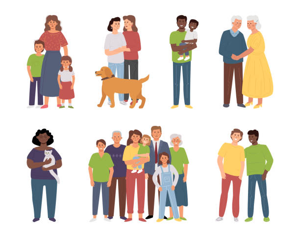 Different families: single parents, large families, elderly couple, LGBT partners, lonely woman with a pet. Diversity vector characters. Different families: single parents, large families, elderly couple, LGBT partners, lonely woman with a pett. Diversity vector characters. different families stock illustrations