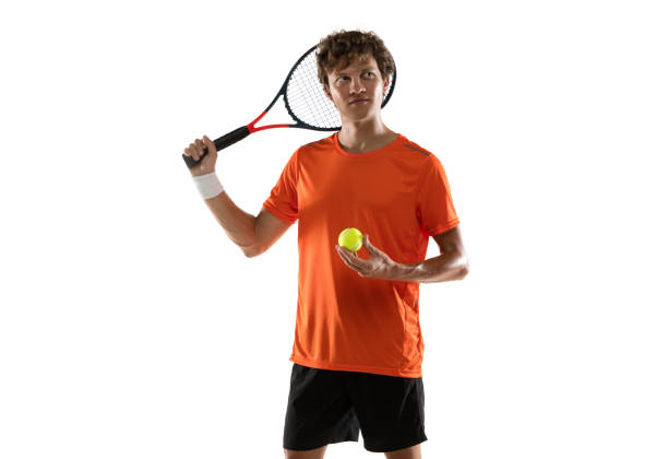 istock Young Caucasian man, tennis player posing isolated on white background. 1311637131
